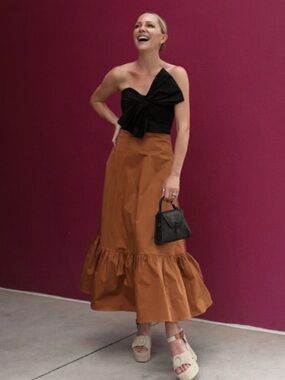 Anthropologie Hutch Dress Bow-Tie Motif Midi Strapless in Black Brown